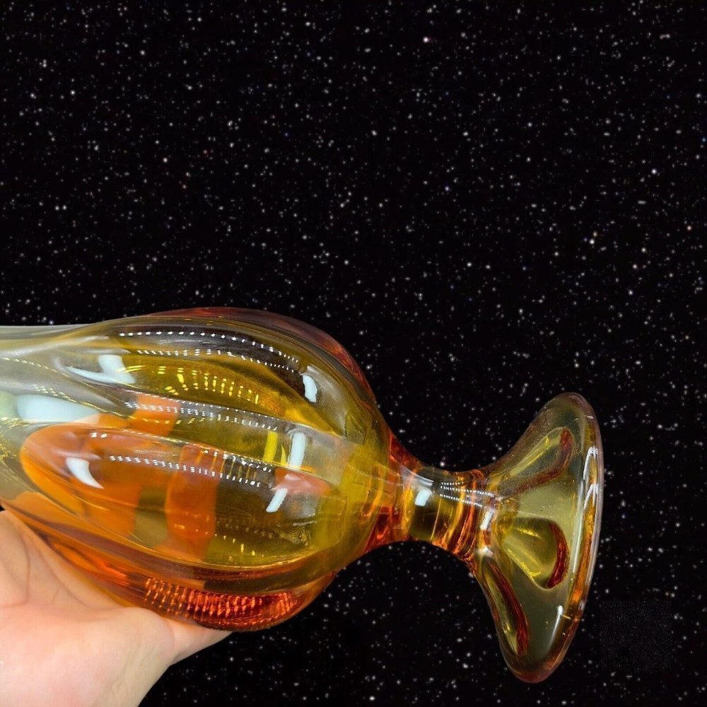 Viking Amber Stretch Swung 6 Petal Art Glass Vase Tall MCM Vintage 18"Tall 1.5"W - Picture 6 of 14